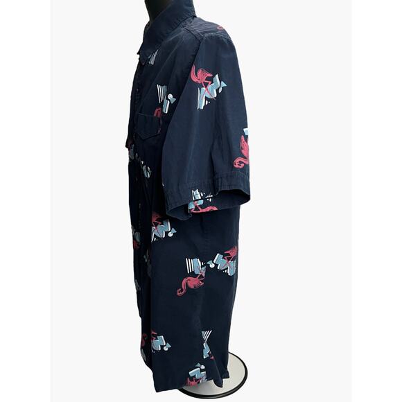Flamingo Print XL Broken Threads Men’s Short Sleeve Button-Up Shirt Navy Blue - Picture 6 of 11